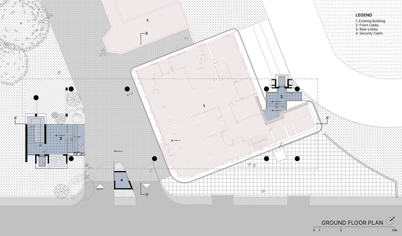 Ground floor plan drawing showing circulation cores and open field with scattered trees