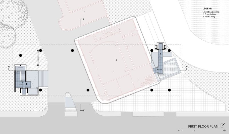 First floor plan drawing showing enclosed spaces and lobby arrangement with landscape context