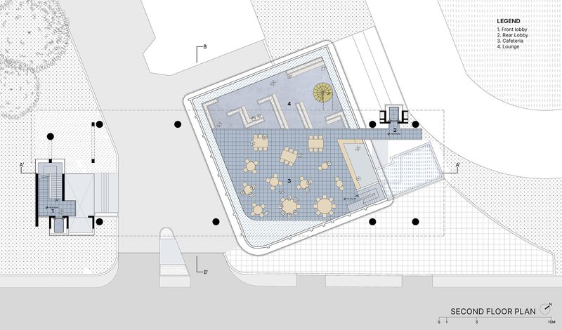 Second floor plan drawing showing a central courtyard with seating and outdoor terrace surrounded by trees