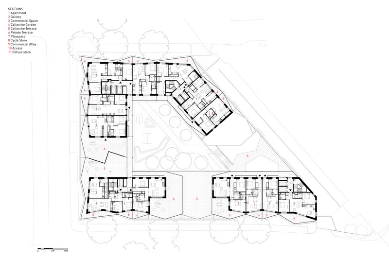 Floor plan drawing showing four residential volumes arranged around a central courtyard with tree canopies