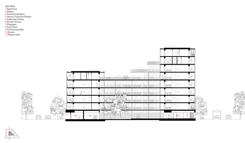 Section drawing showing varied building heights with a landscaped courtyard between residential blocks