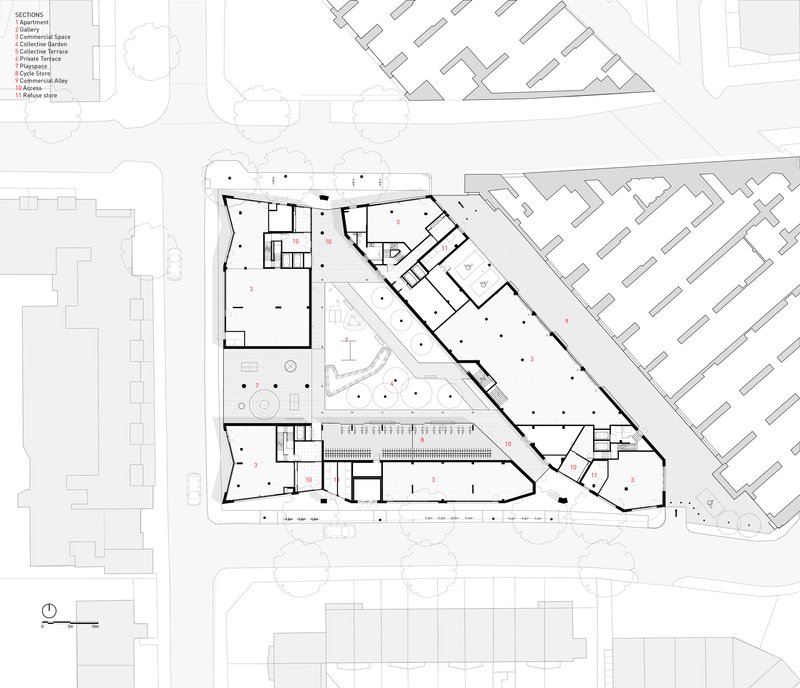 Ground floor plan drawing showing an irregular perimeter with central courtyard and surrounding residential units