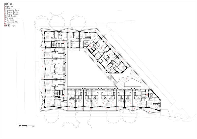 Upper floor plan drawing showing residential units arranged around a central courtyard with angled corners