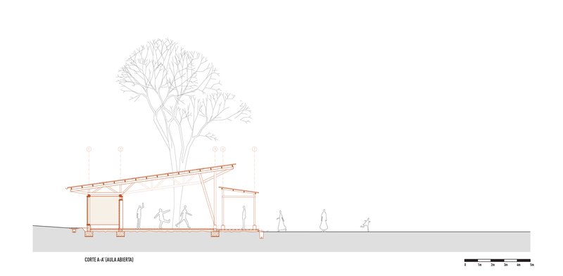 Section drawing showing the sloped roof structure with timber framing and adjacent trees with figures below
