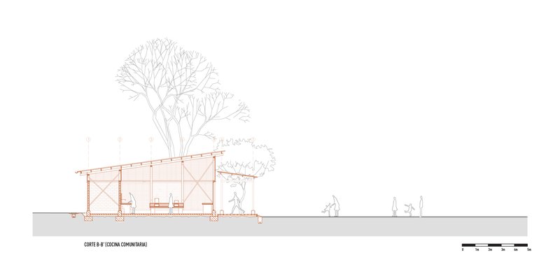 Section drawing revealing the interior dining space beneath exposed timber trusses with trees flanking both sides