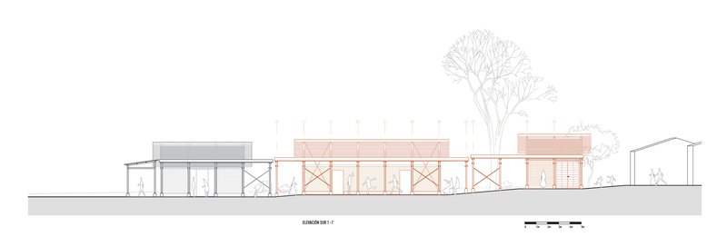 Elevation drawing showing the linear covered structure connecting adjacent buildings with a tall tree at one end