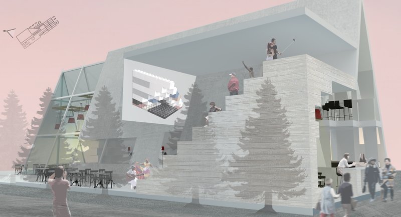 Outdoor platform transforms the café into a public stage for gathering, performance, and community interaction.