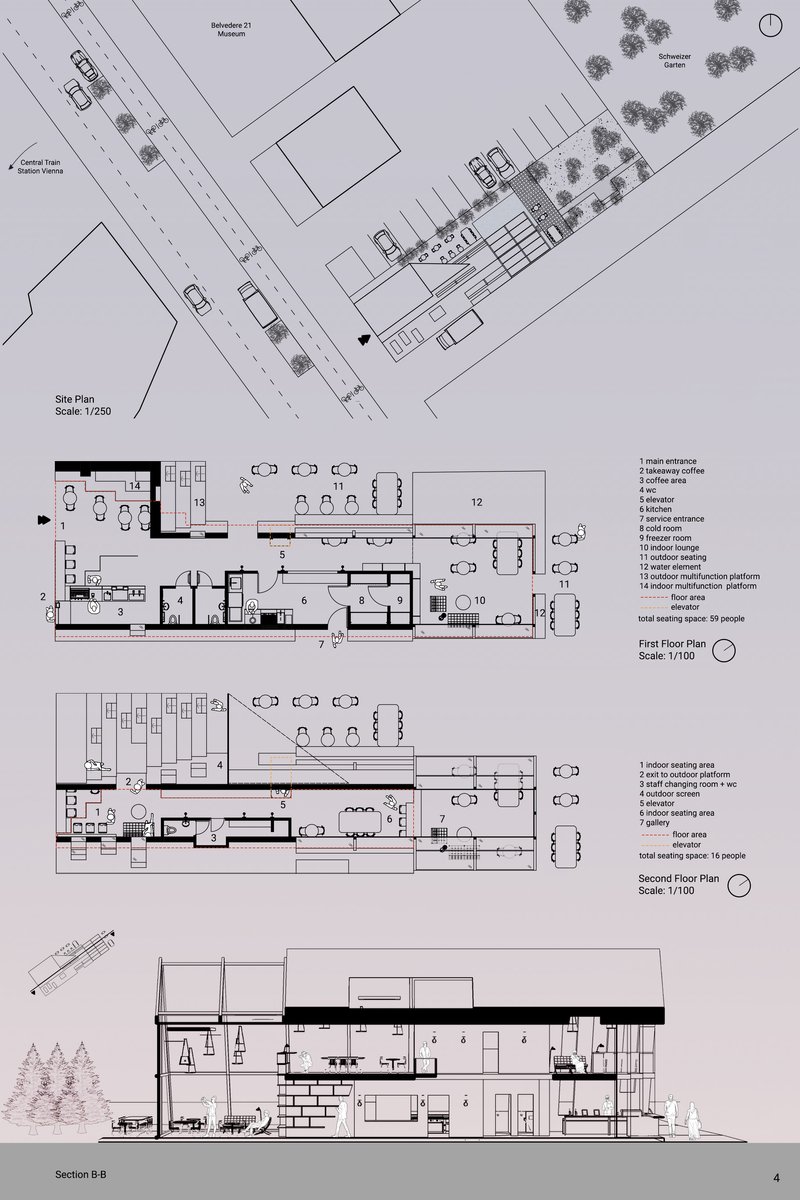 Plans and section reveal the café’s connected program of indoor lounges, outdoor seating, platform, and upper workspaces.