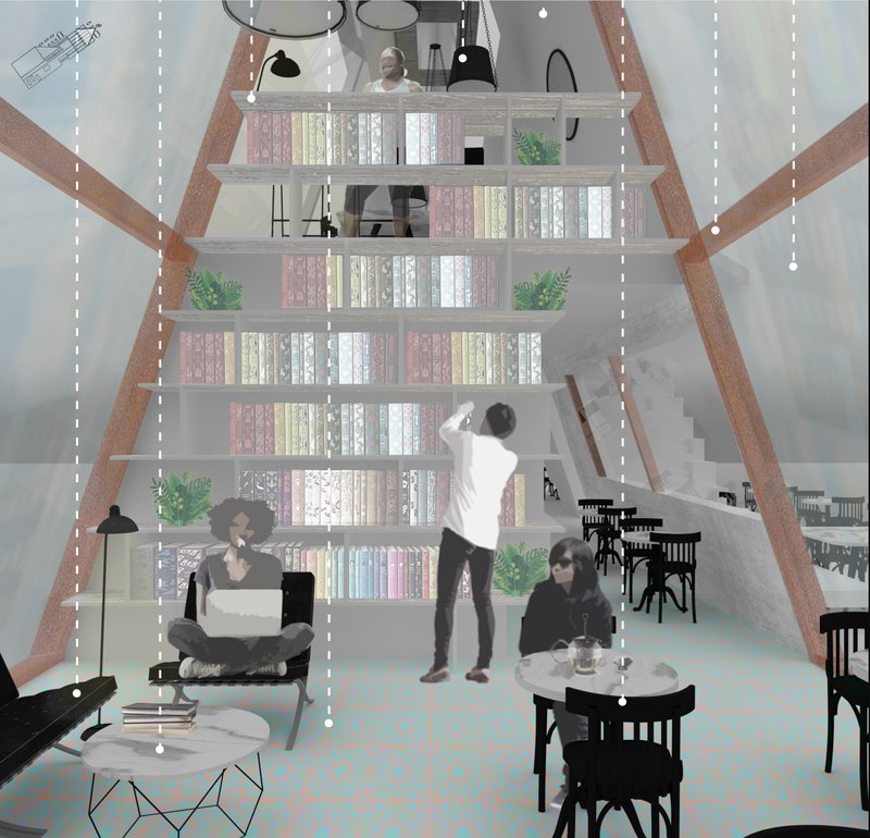 A double-height bookcase anchors the interior, creating a quiet reading and working atmosphere within the café.