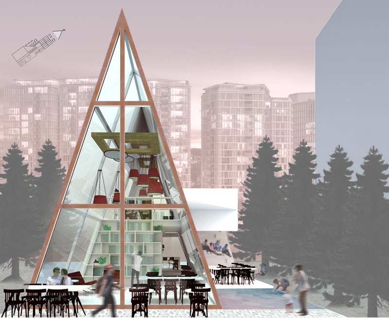 Triangular glass façade frames Einspanner as a contemporary coffee house connected to Vienna’s urban and green surroundings.