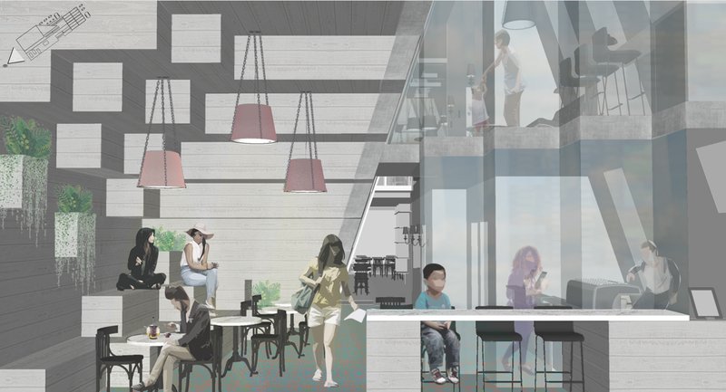 Layered café interiors combine social seating, warm lighting, and vertical spatial connections for flexible public use.