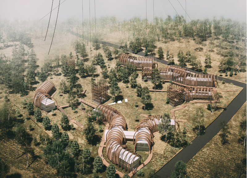 An integrated campus of clinics, rehabilitation spaces, visitor facilities, and viewing towers immersed in nature.
