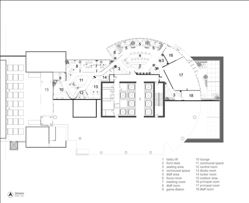 Floor plan showing curved layout with reception, conference room, and landscaped terrace areas