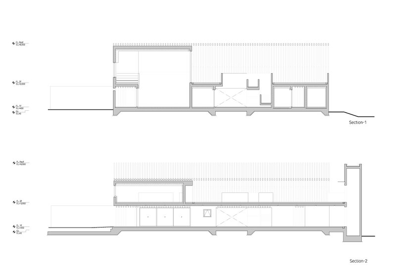 Section drawings showing the interior spatial arrangement and roof assembly across multiple levels