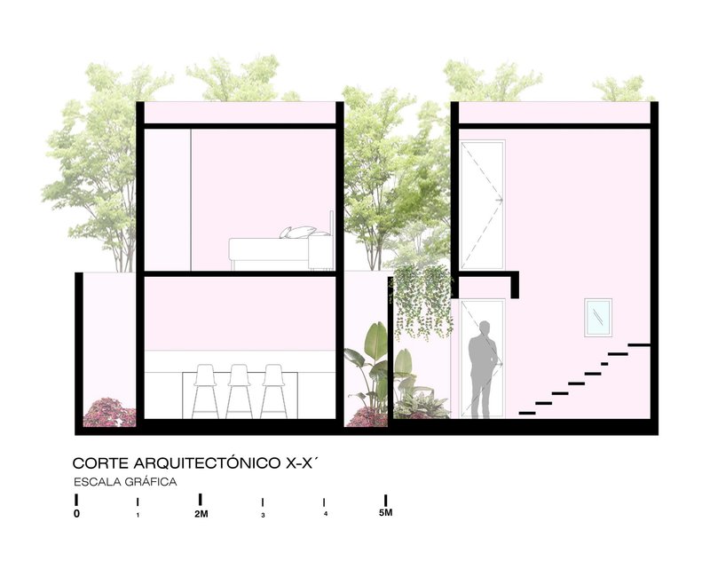Section drawing showing double-height spaces with rooftop trees, interior plantings and a figure on the stair