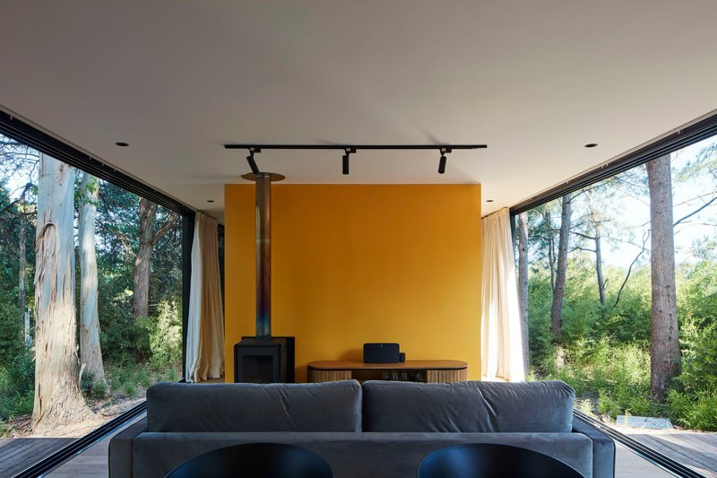 Living room with floor-to-ceiling glass walls, freestanding wood stove, and yellow accent wall framed by forest views