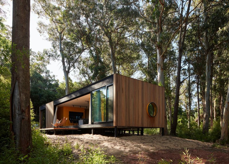 Side view revealing the pitched roof with clerestory glazing and circular porthole window in the forest