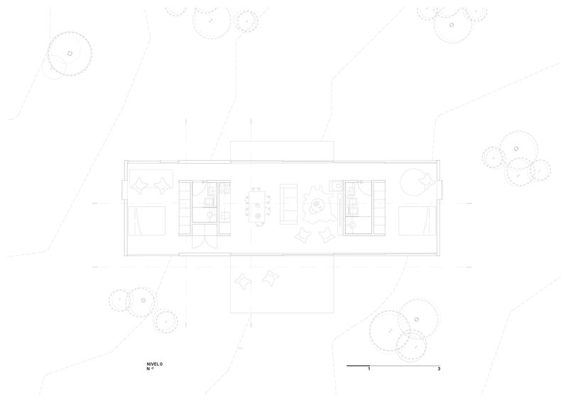 Floor plan drawing showing the elongated rectangular layout with central living and flanking bedrooms