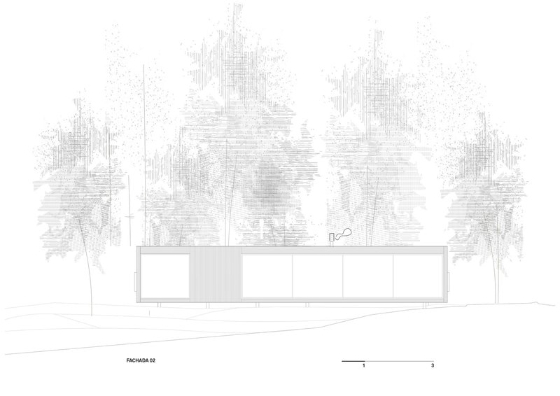 Elevation drawing showing a horizontal volume with vertical timber slats between glass panels and surrounding trees