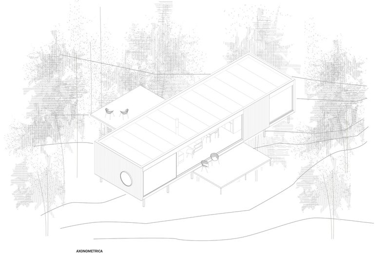 Axonometric drawing showing a pitched-roof volume with a deck and surrounding vegetation in linework
