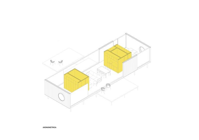 Axonometric drawing showing interior layout with two yellow storage volumes and furniture in wireframe