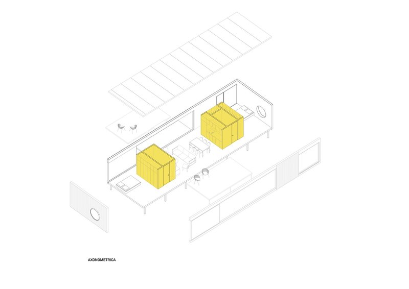 Axonometric drawing showing two yellow volumes placed within an open-plan interior with furniture outlines