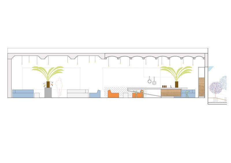 Longitudinal section drawing showing the interior with green potted plants under a scalloped roof profile