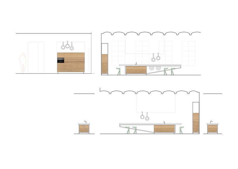 Interior elevation drawings showing timber kitchen elements with pendant lighting under scalloped ceiling forms