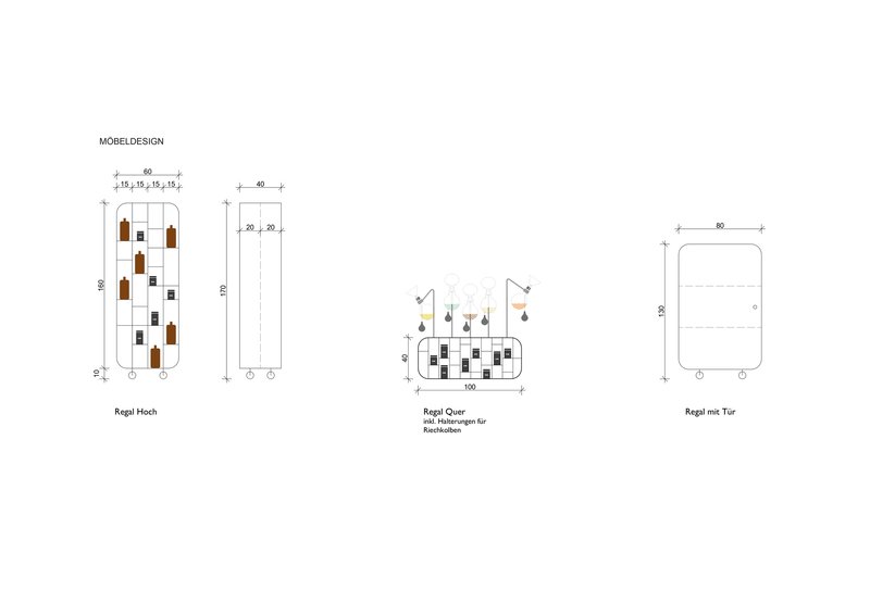 Technical drawings of modular storage units with wheeled bases and hanging compartments