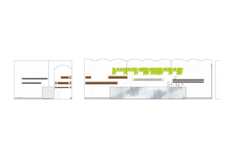 Elevation drawing showing warehouse volumes with green hanging plants and red brick facade elements