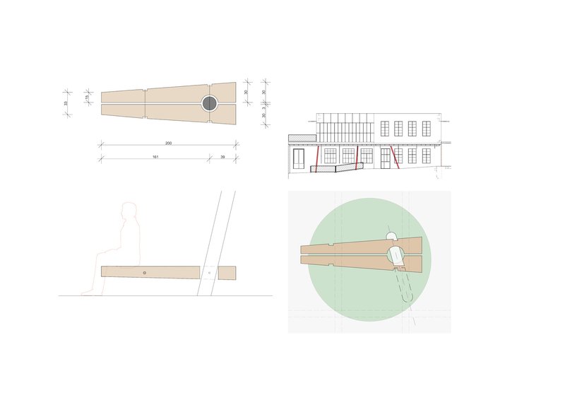 Technical drawings showing timber beam assembly with joinery details and an elevation of the facade