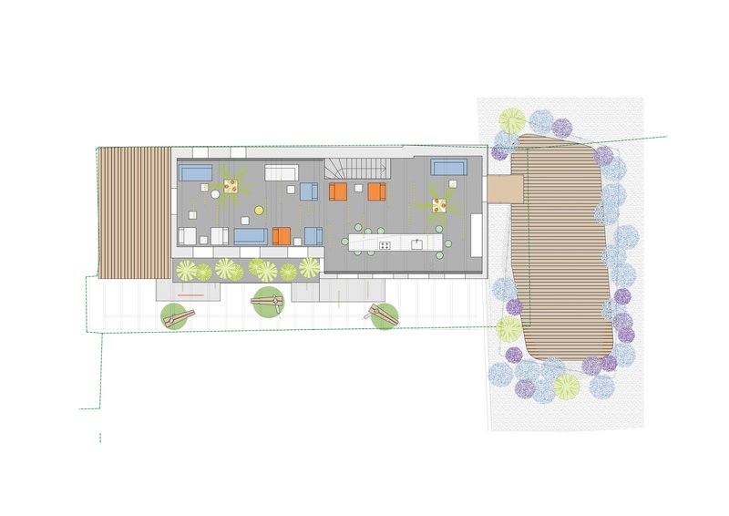 Floor plan showing the interior layout with orange furniture, timber deck, and surrounding landscape plantings
