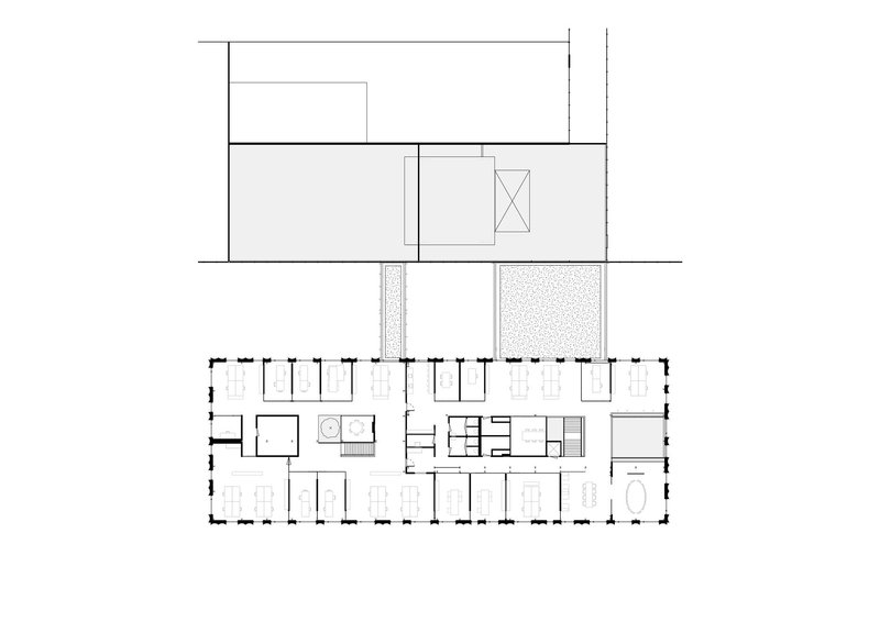 Floor plan drawing showing open work zones with courtyard and upper volume indicated in section