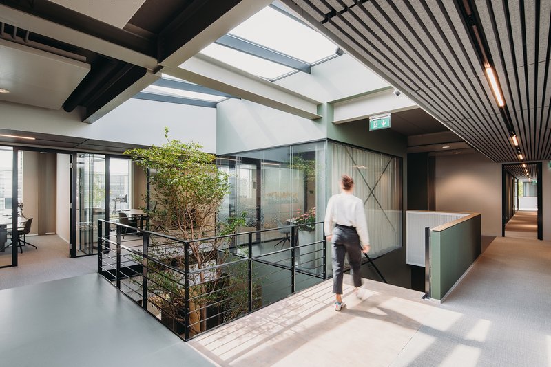 Upper-floor circulation corridor with planted atrium opening and person walking past reception desk