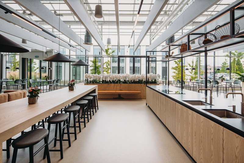Long communal dining counter with black stools below a structural grid ceiling and planted divider