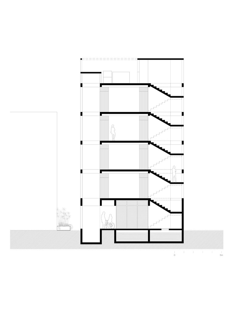 Section drawing revealing five levels with zigzagging staircases connecting open floor plates and a figure silhouette