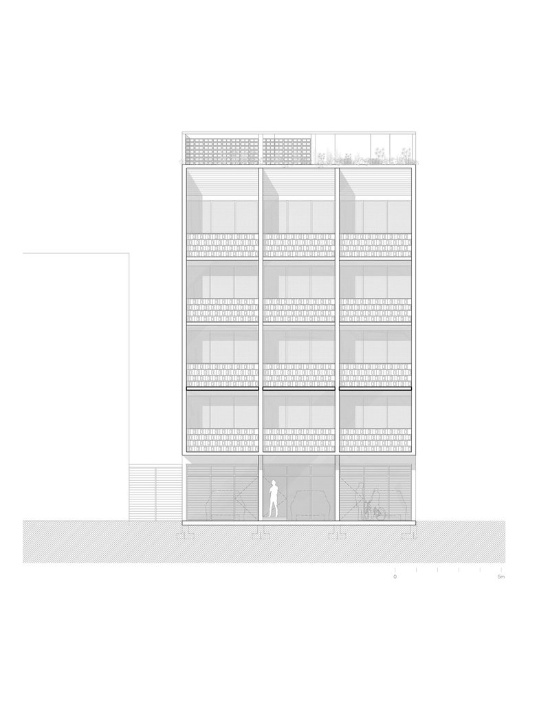Elevation drawing showing a facade with alternating bands of glazing and patterned brickwork across five levels