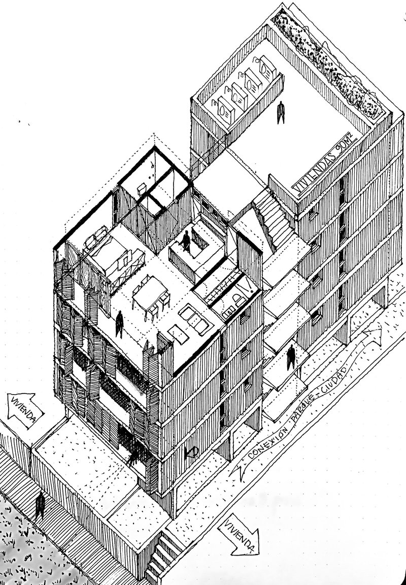 Isometric drawing of a multi-story building with rooftop terraces and figures on various levels