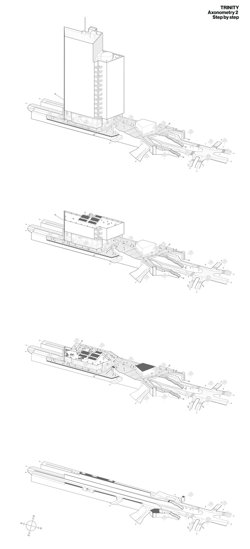 Axonometric sequence showing tower and linear base volumes progressively removed across four stages