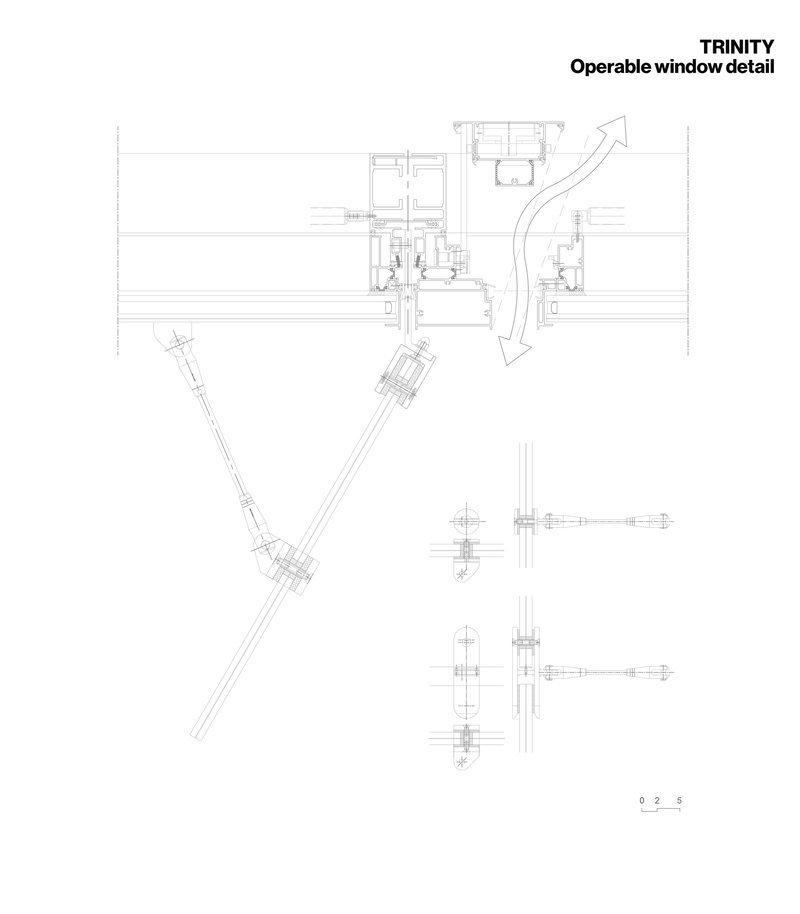 Technical detail drawing of an operable window assembly with ventilation arrows and connection diagrams