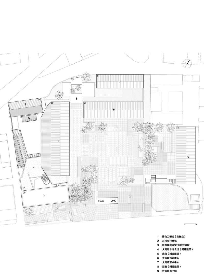 Site plan drawing showing multiple building volumes arranged around a paved courtyard with scattered trees