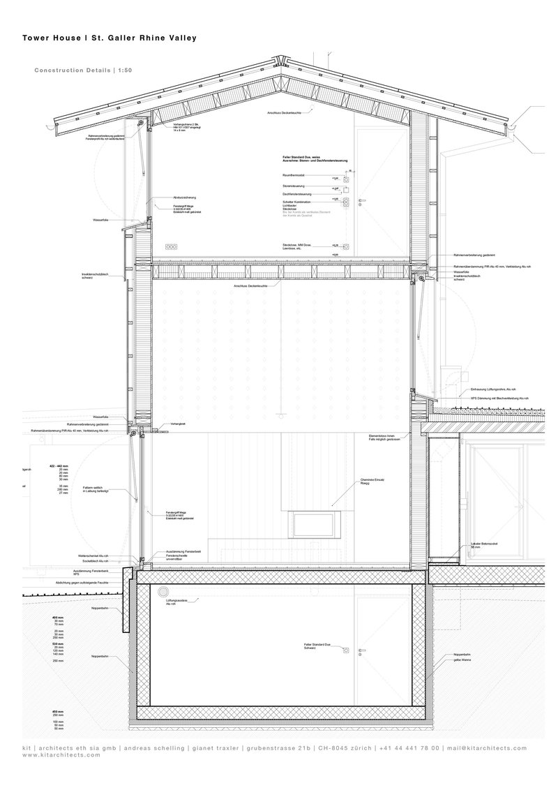 Construction detail section drawing showing roof assembly, wall system, and foundation connections