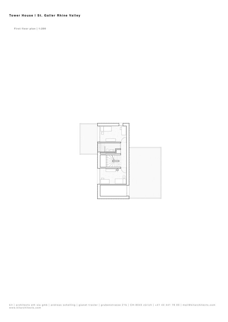 First floor plan drawing showing a narrow linear layout with stairs and adjacent terrace
