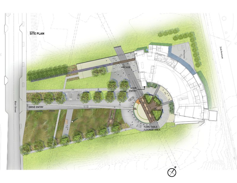 Rendered site plan showing the curved building footprint with landscaped entry court and circular turntable lounge area