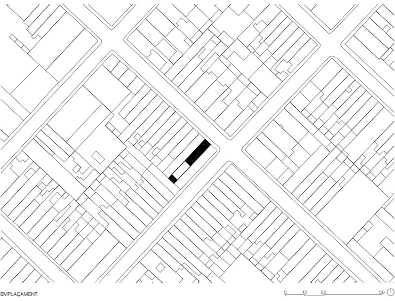Site plan drawing showing the building footprint within surrounding urban street grid