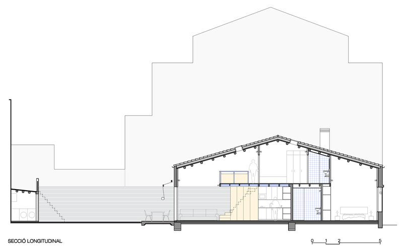 Longitudinal section drawing showing the pitched roof structure over interior spaces and stairwell