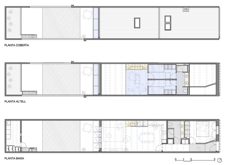 Floor plan drawings at three levels showing the narrow linear layout with courtyard and staircase