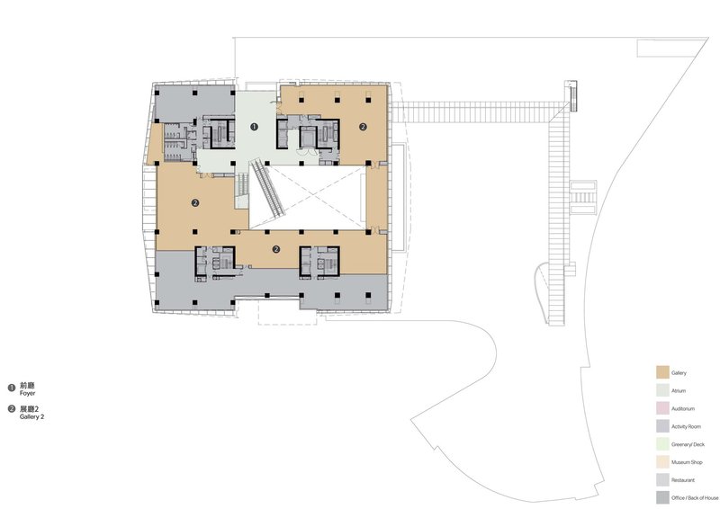 Floor plan drawing showing gallery spaces and core zones surrounding a central atrium with diagonal crossing