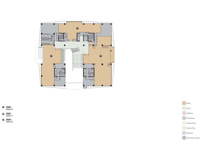 Floor plan drawing showing four corner gallery volumes arranged around a central circulation core and atrium