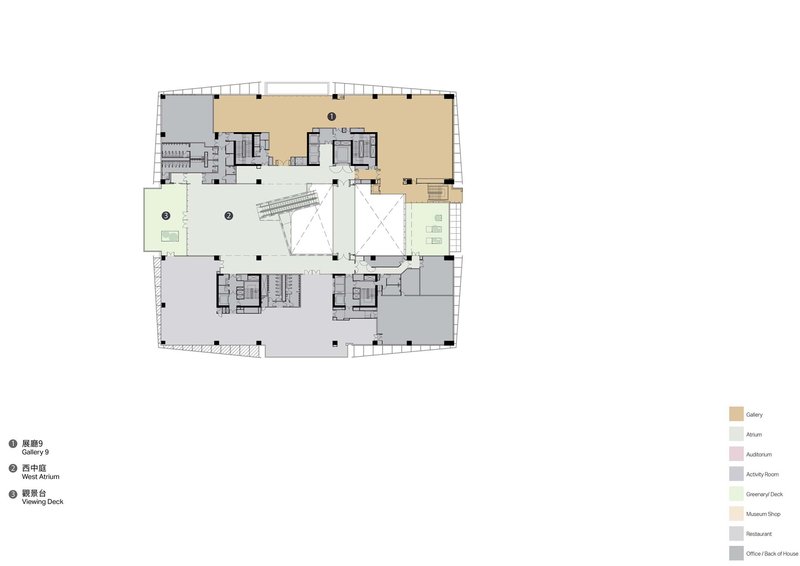 Floor plan drawing showing upper level galleries with viewing deck and atrium opening at center
